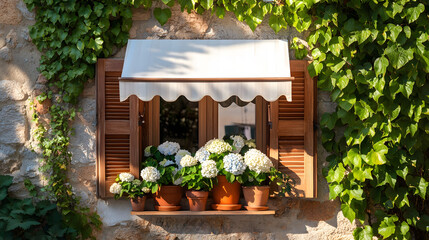 A Charming Floral Window Display: Embracing Nature's Beauty with Vibrant Hydrangeas and Rustic Elements in a Cozy Atmosphere