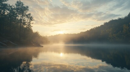 Fototapeta premium A serene sunrise illuminates a misty lake surrounded by trees and mountains