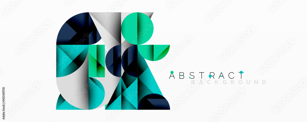 Poster Geometric shapes overlap, creating layered abstract design. Blue, teal, gray tones dominate composition. Minimalist style.