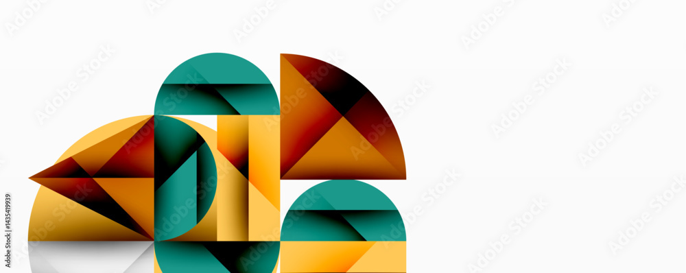 Poster Abstract geometric composition. Overlapping shapes create dynamic visual interest. Warm, cool tones blend seamlessly. Modern design elements present.