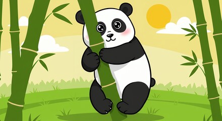 Naklejka premium Cute panda bear cartoon illustration holding bamboo
