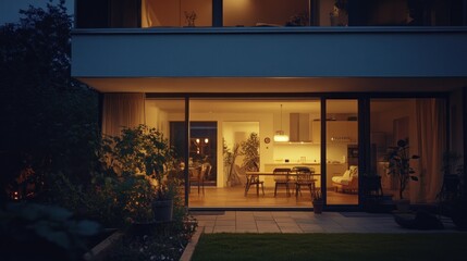 Modern home interior glowing at dusk with outdoor landscaping visible