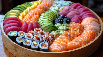Bountiful sushi platter; assorted sashimi, maki, and avocado