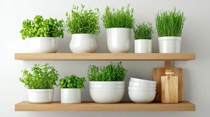 Fototapeta premium Fresh sustainable kitchen interior with green herbs on wooden shelves, white decor