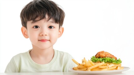 Fried chicken meal with fries, close-up detail shot on white background