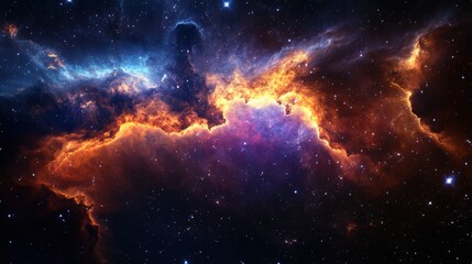Obraz premium Stunning Cosmic Nebula Displaying Vivid Colors and Stars in Deep Space Exploration Scene with Hues of Orange, Blue, and Purple