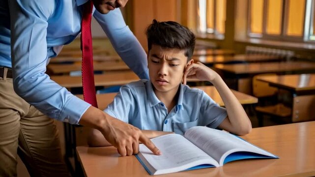 Teacher Helping Struggling Student One-on-One: Empathy and Personalized Learning in Empty Classroom