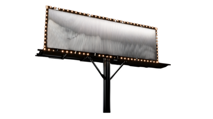 Blank billboard with lights and a support pole, viewed from a low angle against a black background
