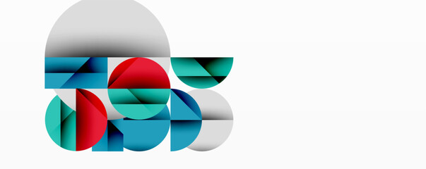 Abstract geometric composition. Overlapping circles, rectangles create modern visual. Blue, red, white dominate design. Minimalist aesthetic.