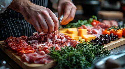 Photograph of a chef's hands delicately placing an assortment of fresh greens, herbs, and slices of prosciutto on top of a smooth cheese board for creating a delectable platter in a commercial kitchen