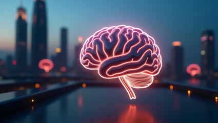 Glowing Brain Over Cityscape