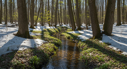 Naklejka premium Tranquil stream flowing through a spring forest with sunlight 