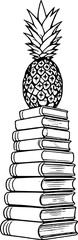 Fototapeta premium Pineapple Topped Stack Of Books Black And White Illustration Isolated On White Background