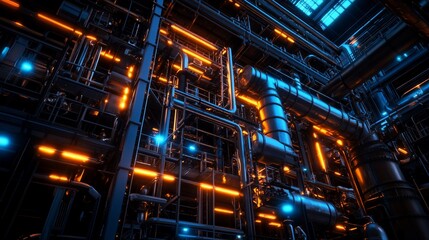 Intricate industrial complex with glowing pipes and metal structures