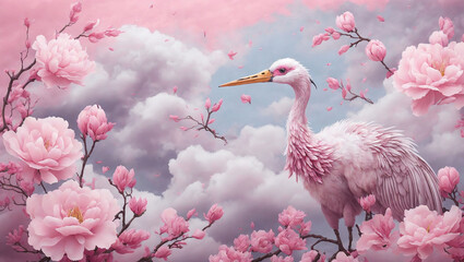 Naklejka premium The image depicts a pink crane, possibly a Red-crowned or Siberian crane, amidst a dreamy backdrop of pink flowers and cloudy formations. The crane is the central focus.