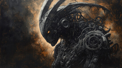 Dark, mechanical creature amidst fiery backdrop