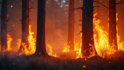 Intense forest fire with flames engulfing trees in wilderness setting