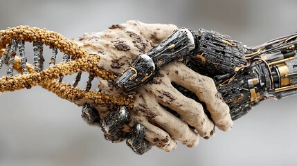AI-generated robotic and human hand intertwined with a DNA strand