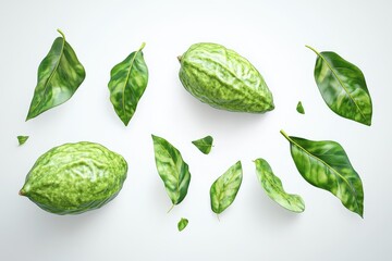 Two citrus fruits with vibrant green leaves scattered on a white background