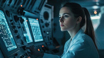 A focused female scientist intensely monitors data on a complex technological control panel.