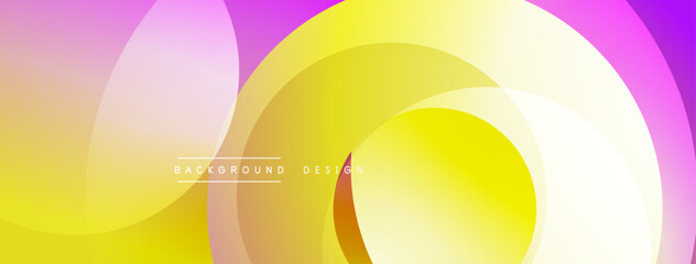 Abstract vibrant circles overlap. Soft gradients create smooth transitions, purple, yellow hues dominate design. Modern aesthetic.