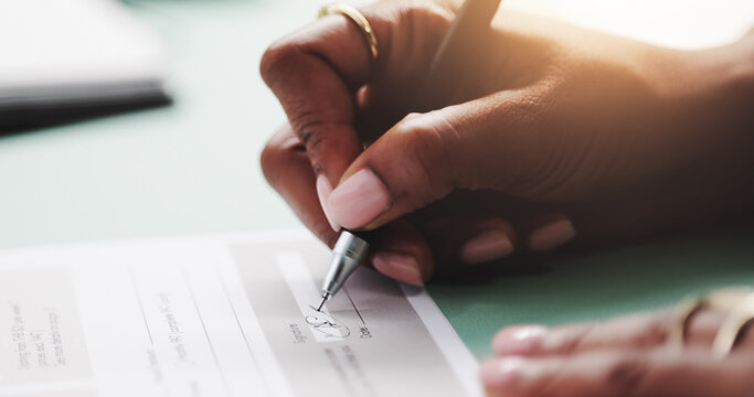 Hands, document and woman with signature on contract for insurance policy, title deed and compliance agreement. Closeup, person and writing on legal paperwork for loan application or settlement deal