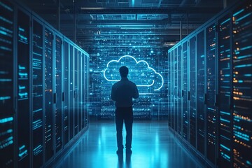 Cybersecurity Specialist Observing Cloud Data Center's Futuristic Glow