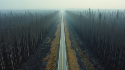 Aerial view of misty forest road with bare trees