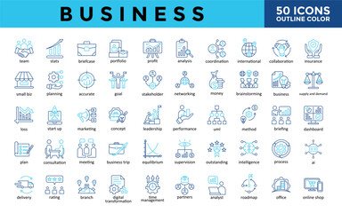 Business icons set with team, stats, briefcase, portfolio, profit, analysis, coordination, international, collaboration, insurance icon. Simple outline color vector 
