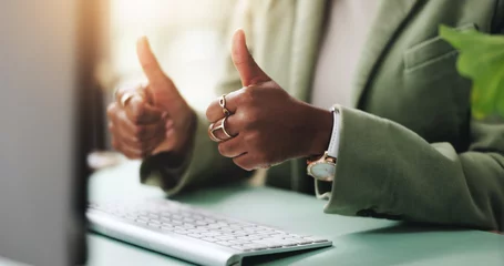 Thumbs up, computer and hands of businesswoman in office with approval for investment. Closeup, agreement and female financial advisor with satisfaction gesture or emoji for profit in workplace.