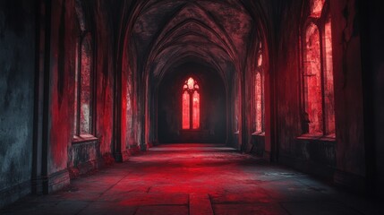 A haunting Gothic hallway, red light from high windows reflecting faintly on ancient walls 