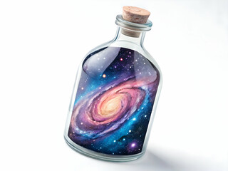 Galaxy Inside Glass Bottle with Cork Stopper on White Background