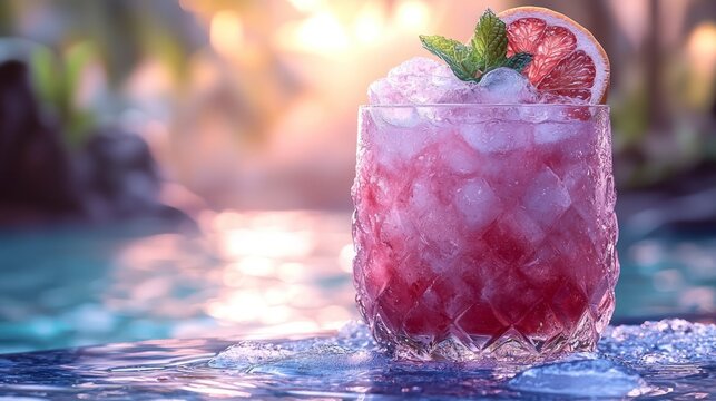 Refreshing red drink, ice, orange slice, bright sunlight