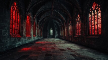A desolate Gothic cloister, tall windows glowing red and casting faint light on the aged stone floors