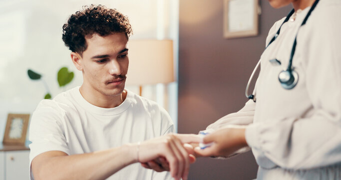 Man, doctor or finger with oximeter for medical checkup, heart rate monitor or results at hospital. Male person, patient or nurse with exam or measurement for blood pressure or oxygen level at clinic - Powered by Adobe