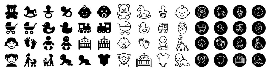Baby and Childcare Icons with Toys, Cribs, and Strollers