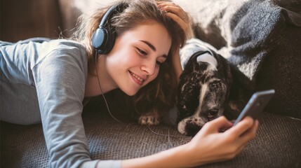 Relaxing girl at new real estate apartment home using mobile phone online app. 