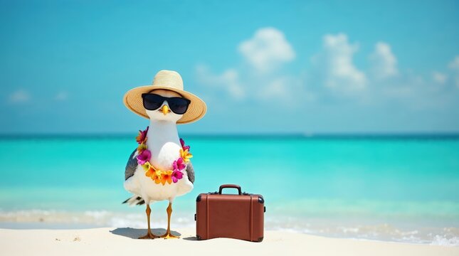 M&ouml;we mit Sonnenhut und Koffer am Strand &ndash; Urlaubsstimmung pur