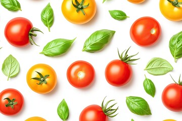 Red and yellow tomatoes with basil leaves on white background