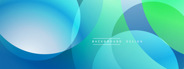 Abstract background features overlapping circles, gradients. Blue, turquoise, green hues create smooth visual flow. Minimalist design.