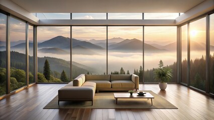 Minimalist elegant living room with large window showcasing serene landscape view of a misty mountain range at sunrise, serene landscape, modern decor