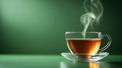 A transparent cup of steaming hot tea on a vibrant green surface.
