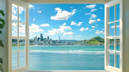 Peaceful vista from open window with urban skyline, ocean waves, and hills