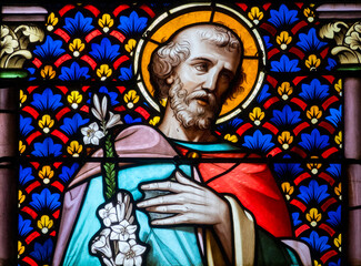 Fototapeta premium Stained glass (19th century) of Saint Joseph the Carpenter, father of Jesus.
