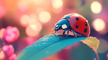 Ladybug on leaf with spring bokeh.
