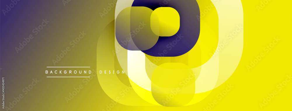 Poster Abstract design features overlapping circles, gradients. Yellow, purple hues create modern visual effect. Minimalist style.