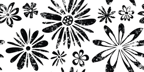 Drawing of leaves and flowers, seamless pattern, grunge texture, vector floral background