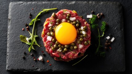 Gourmet Steak Tartare with Egg Yolk and Capers on Slate Board