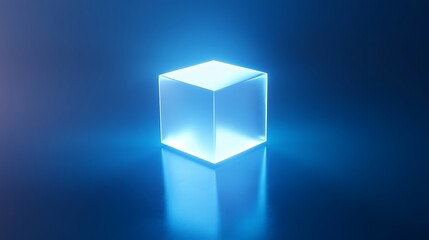 Luminous, glowing cube in vibrant blue light.