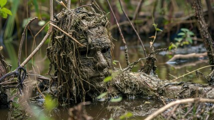 Obraz premium Creature made of vines and mud in swamp stock photo --ar 16:9 --raw --v 6 Job ID: 01af2c67-c26d-4694-ba51-d7f953ac1604